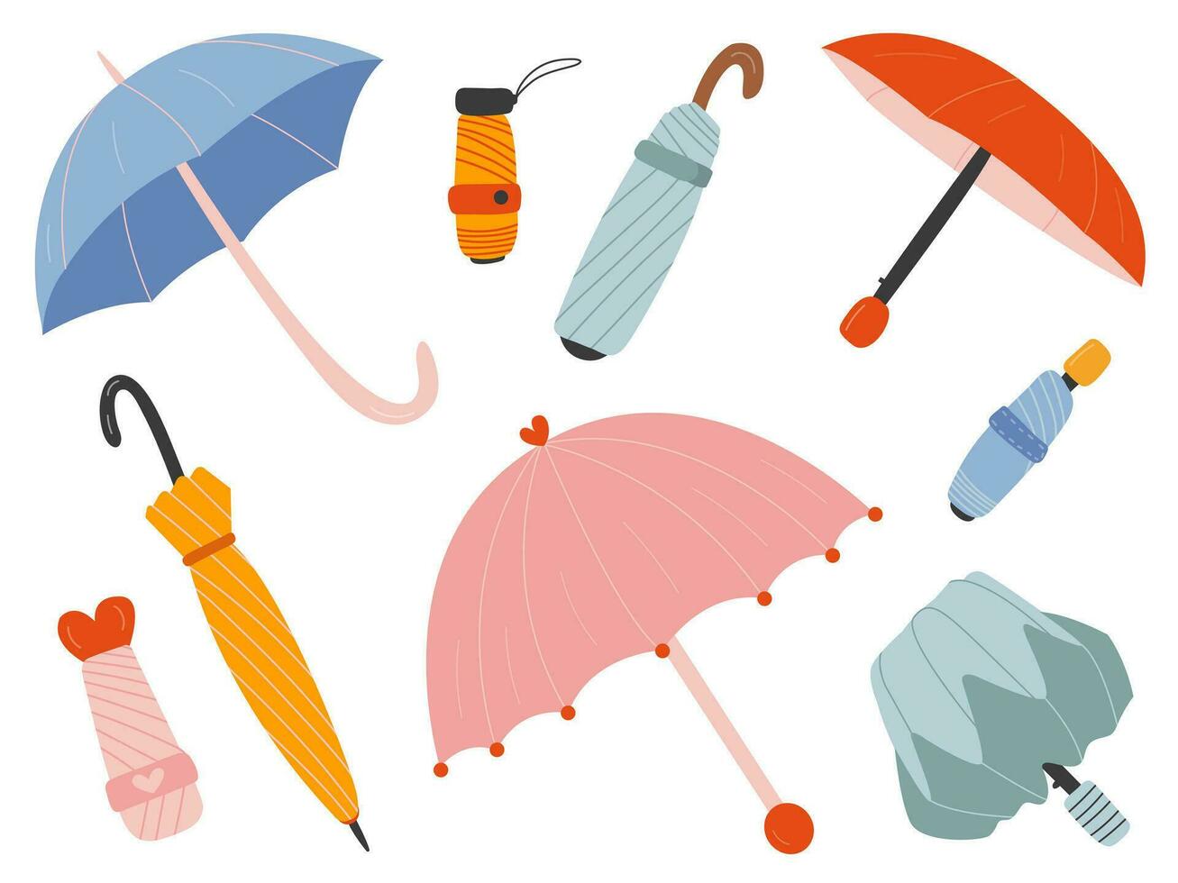 vector conjunto de diferente paraguas en varios posiciones. abierto y doblada paraguas dibujos animados conjunto