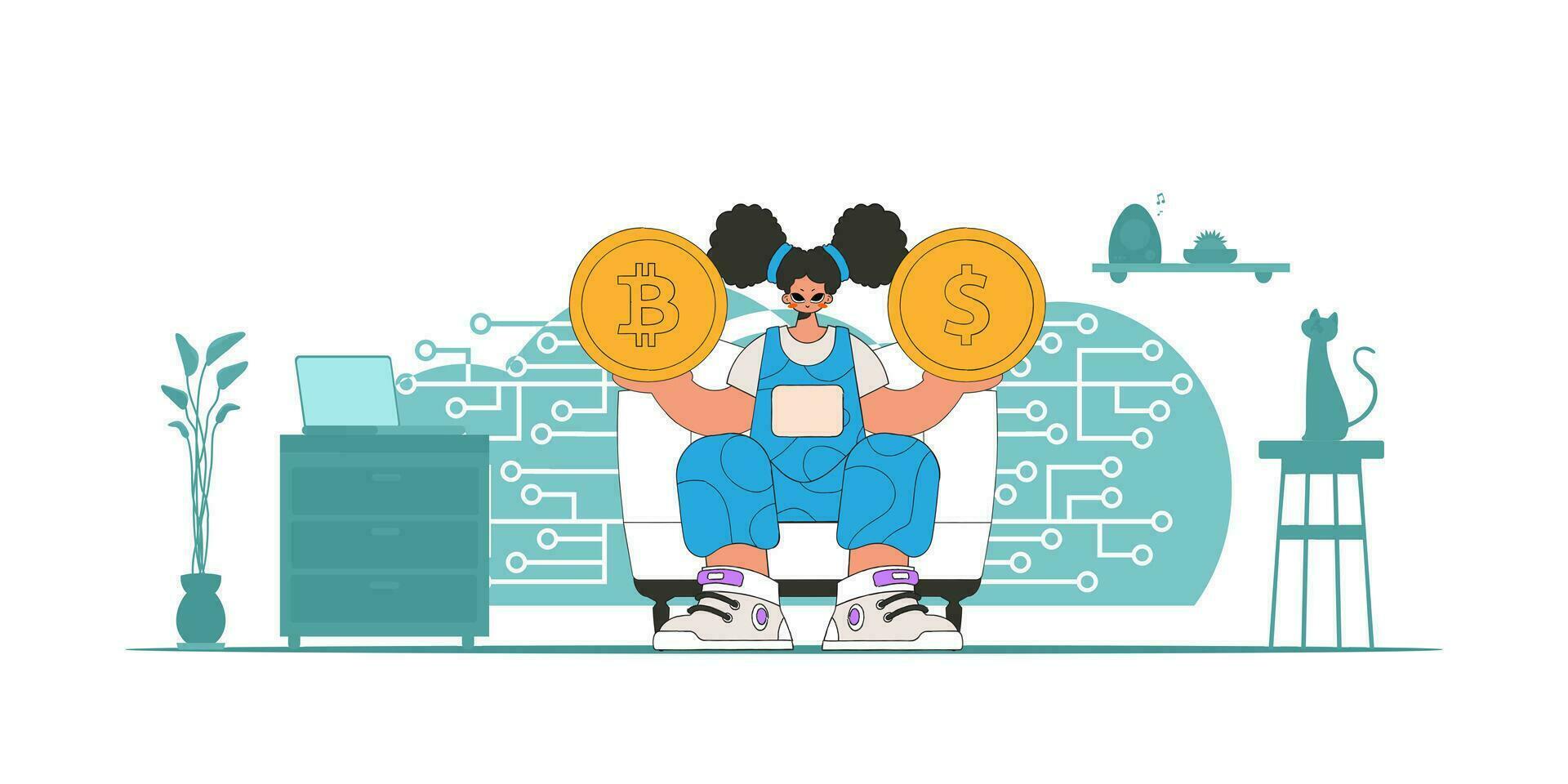 The girl holds a dollar and bitcoin in her hands. Cryptocurrency concept. vector