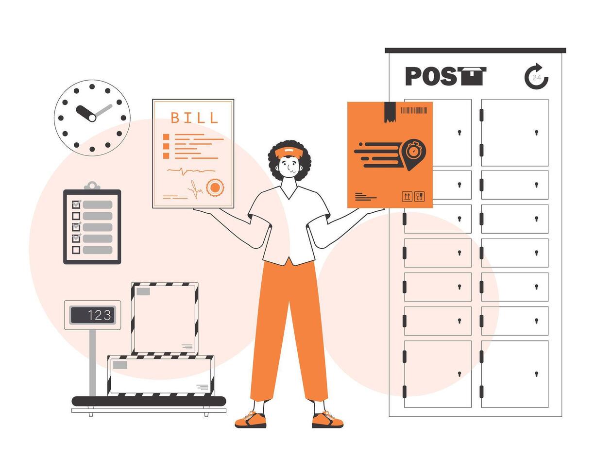 The boy holds a parcel and a check in his hands. Delivery concept. Linear style. vector