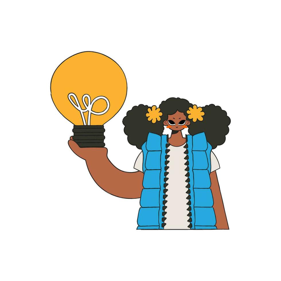 An elegant girl holds a light bulb in her hands. Idea theme. vector