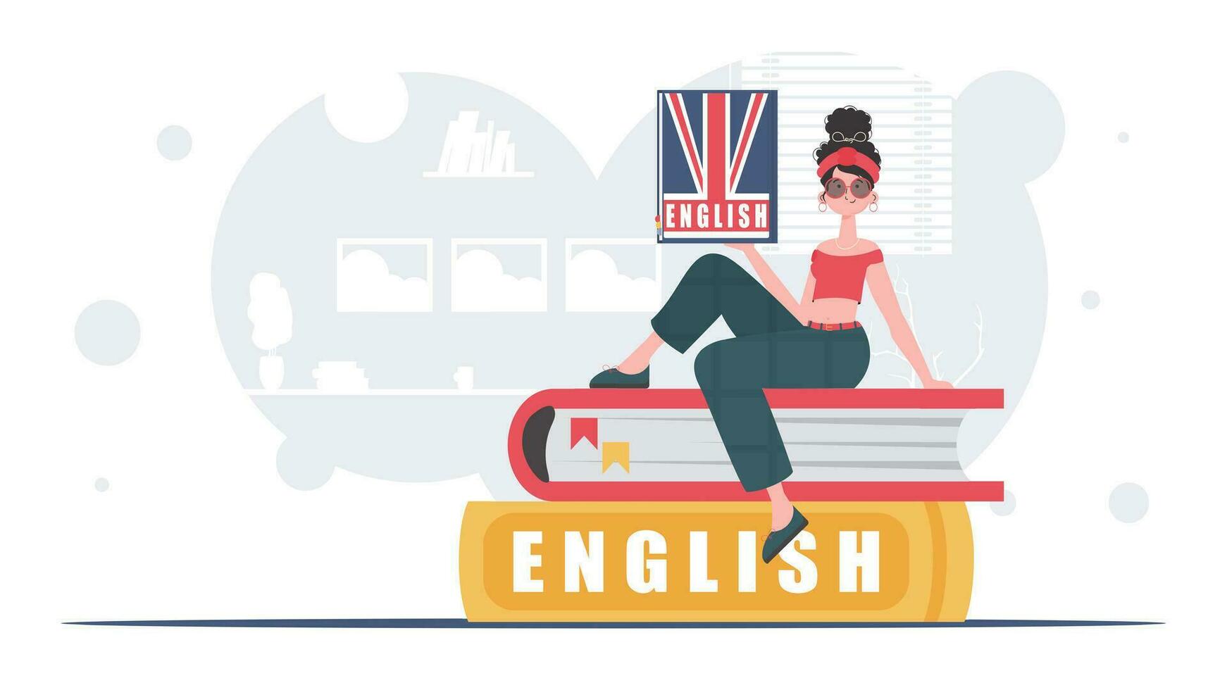 el concepto de aprendizaje inglés. un mujer se sienta en libros y sostiene un Inglés diccionario en su manos. de moda estilo. vector ilustración.