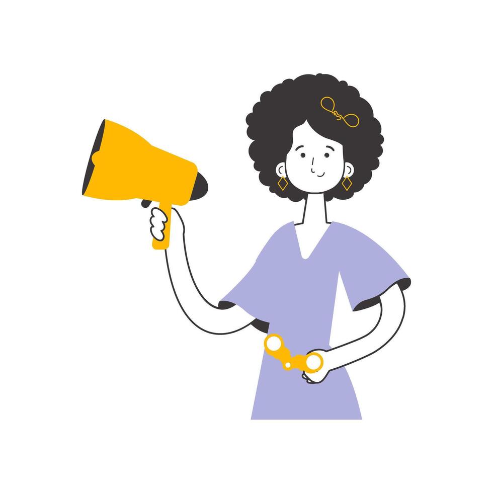 A woman holds a bullhorn and binoculars in her hands. Job Search Theme. H.R. Linear trendy style. Isolated. Vector. vector