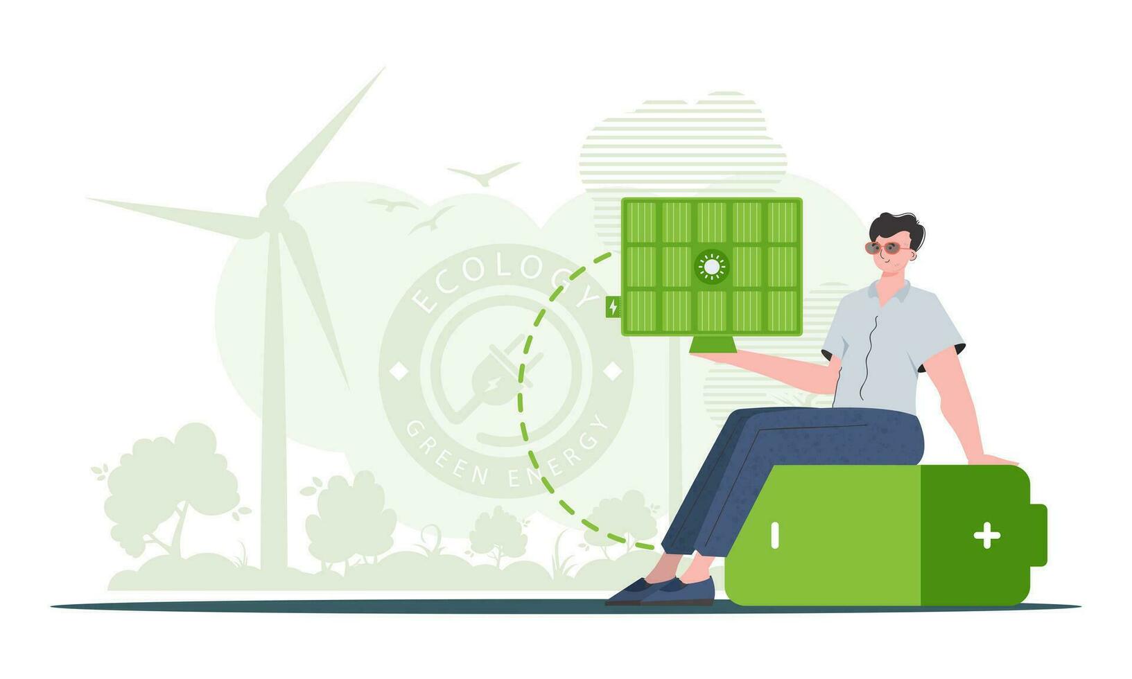 Eco energy concept. A man sits on a battery and holds a solar panel in his hands. trendy style. Vector illustration.