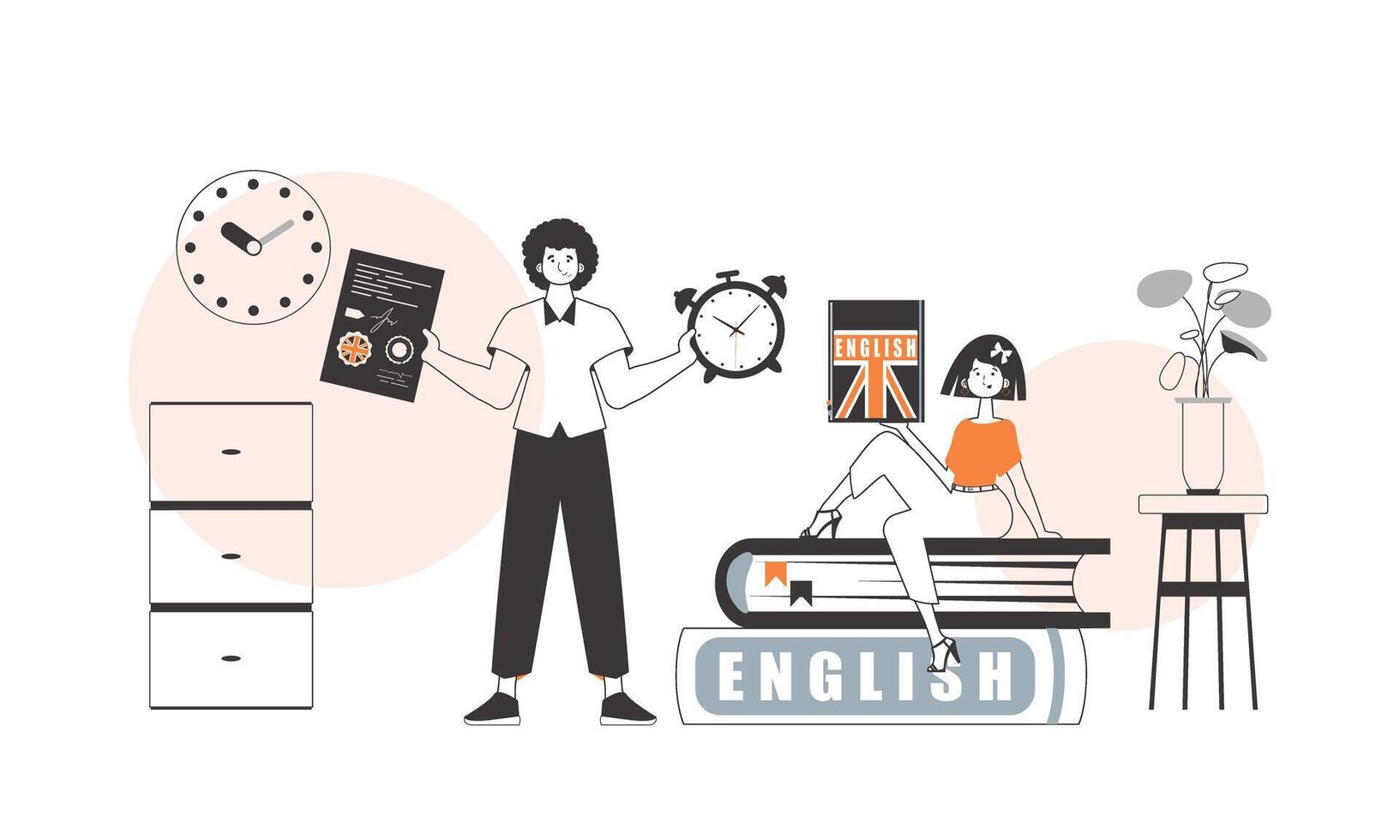 Guy and girl English teacher. The concept of learning a foreign language. Lineart style. vector