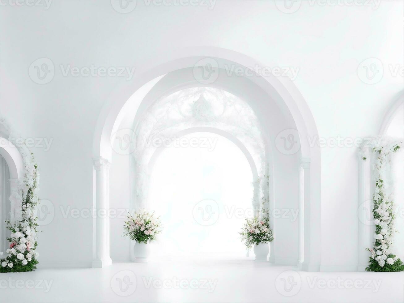 blanco habitación con curva y flores, generativo ai ilustración. foto