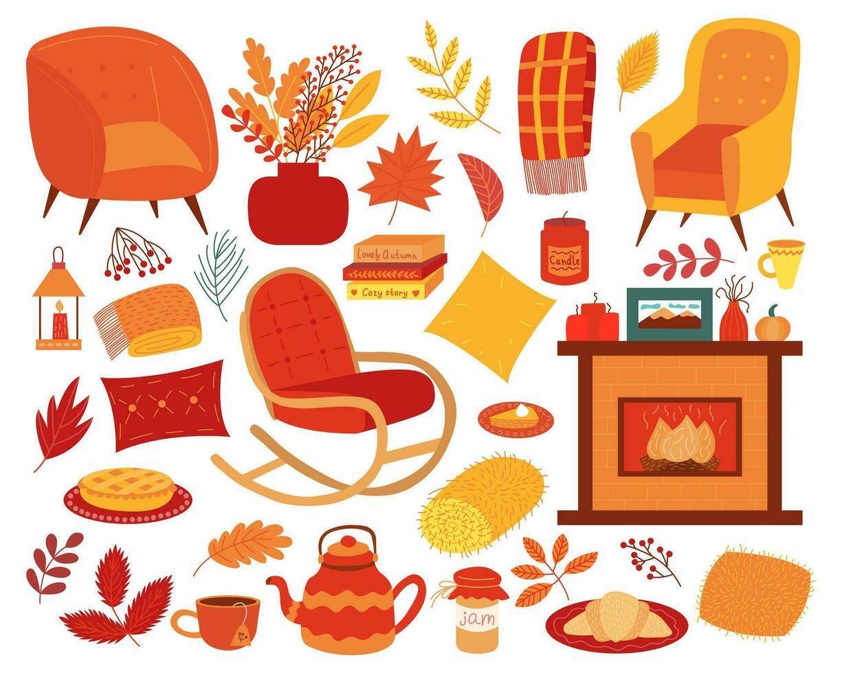 Big autumn trendy set of vector elements. Cartoon autumn interior icons. Cozy interior furniture and home decor in autumn colors.