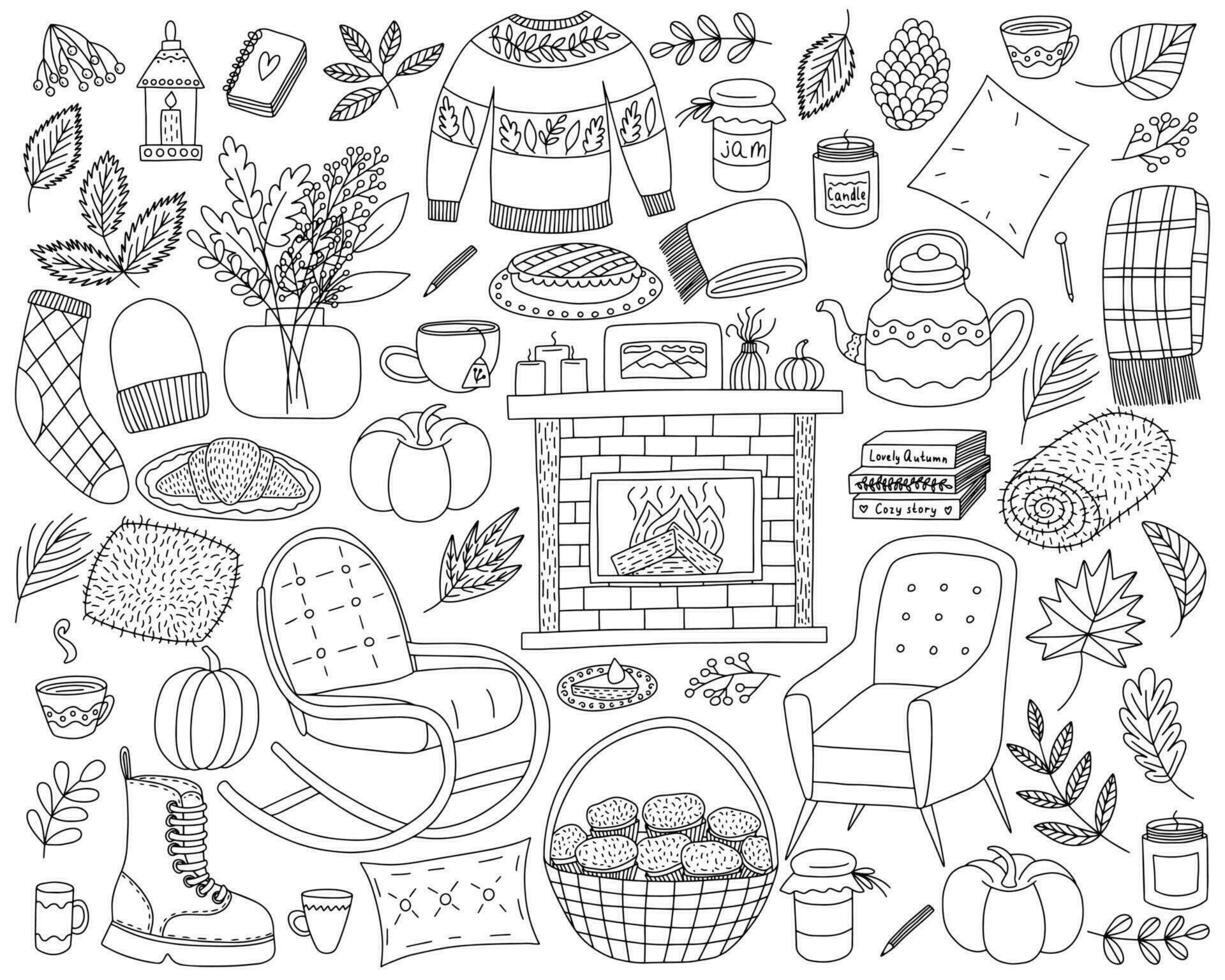 Big autumn doodle set. Hand drawn autumn symbols vector set