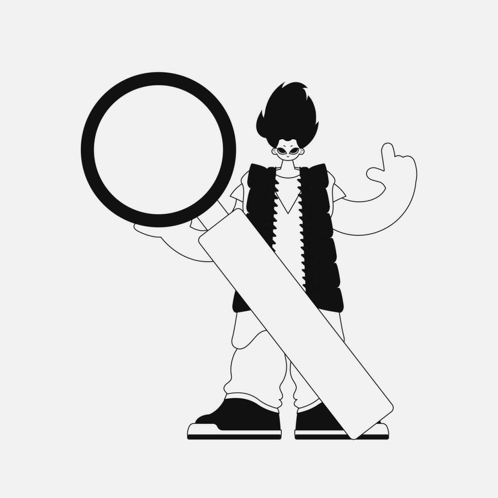 Inspirational man holding a magnifying glass, loupe. Linear black and white style. vector