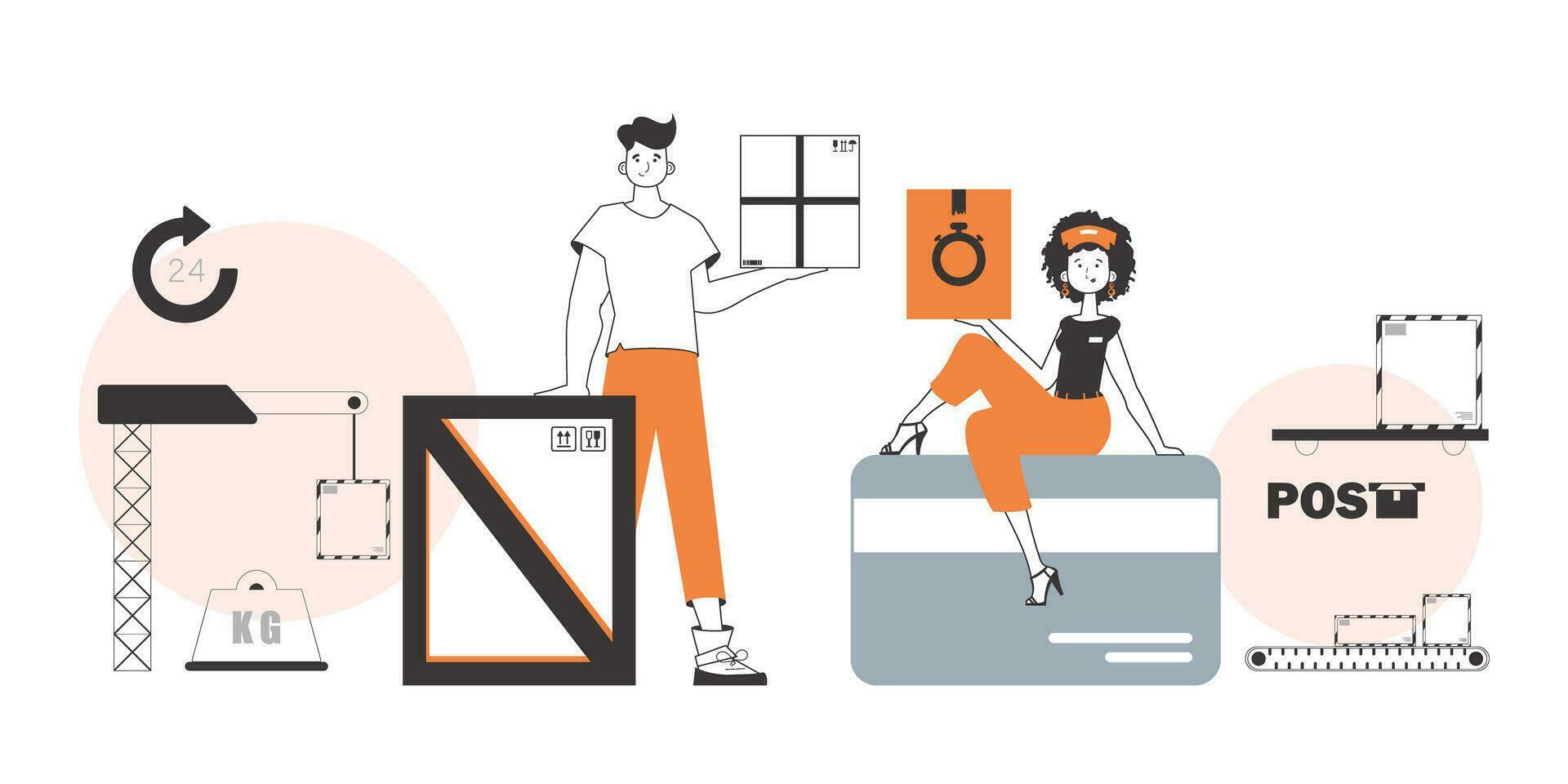 The guy and the girl delivers parcels and cargo. Linear modern style. vector