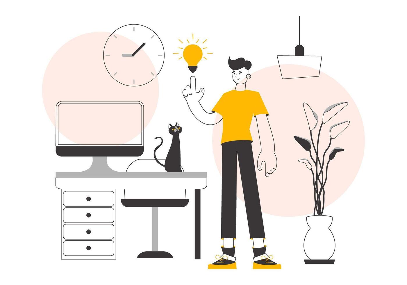 Guy and light bulb. Idea concept. illustration. Lines modern style. vector