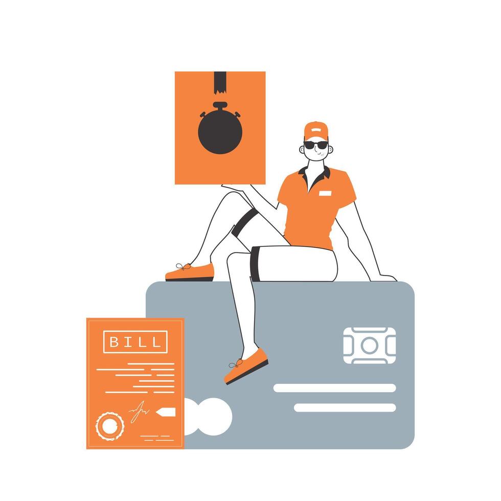 The guy is sitting on a bank card and holding a parcel. Delivery concept. Linear trendy style. Isolated on white background. Vector illustration.