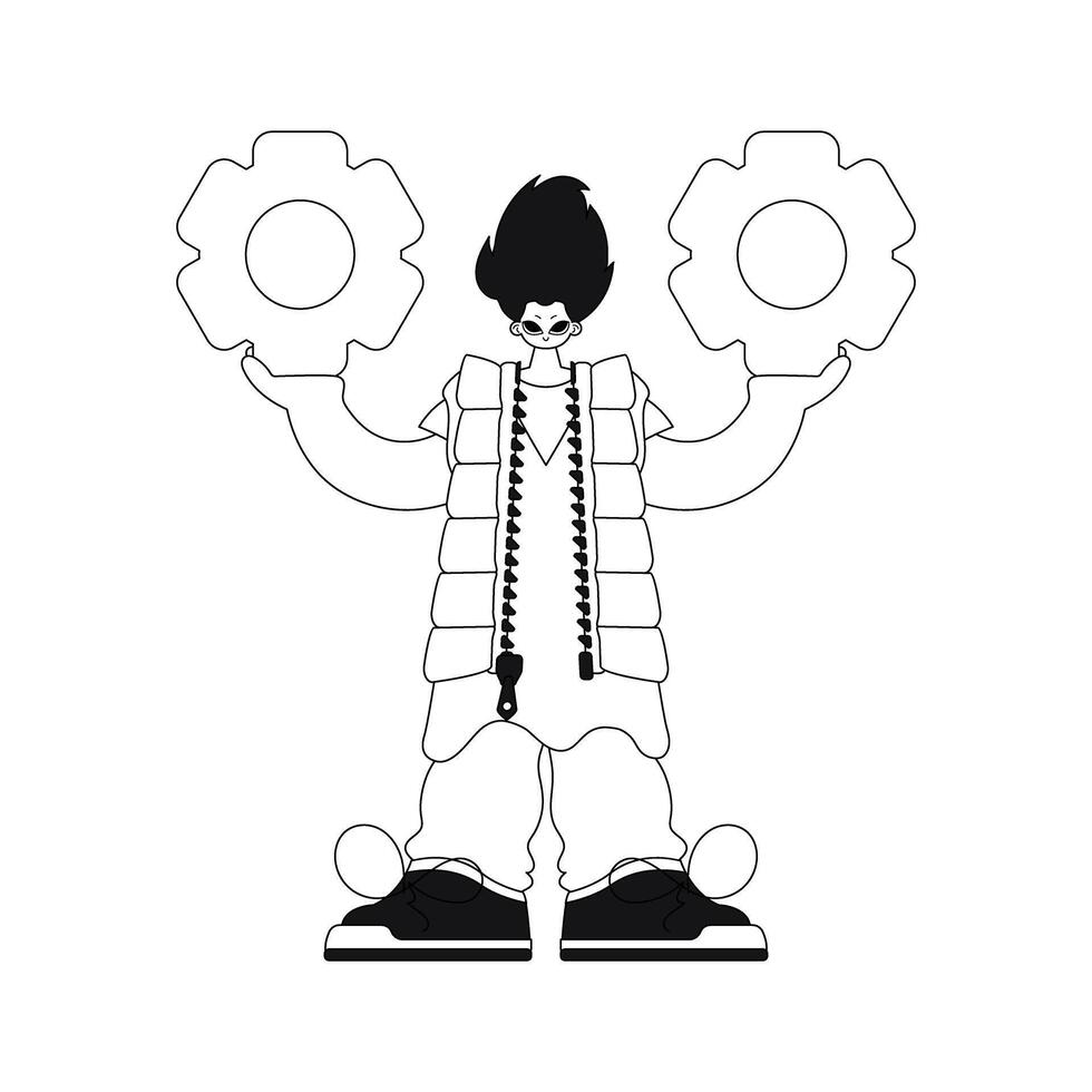 Man with gears in hands in linearstyle vector illustration.