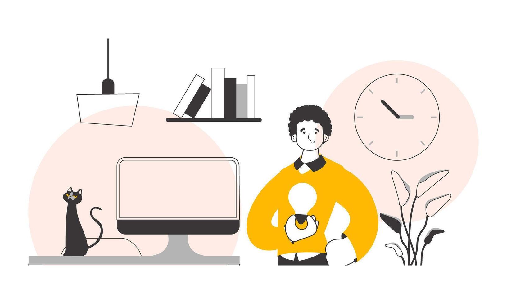 Guy and light bulb. Idea concept. . Linear trendy style. vector