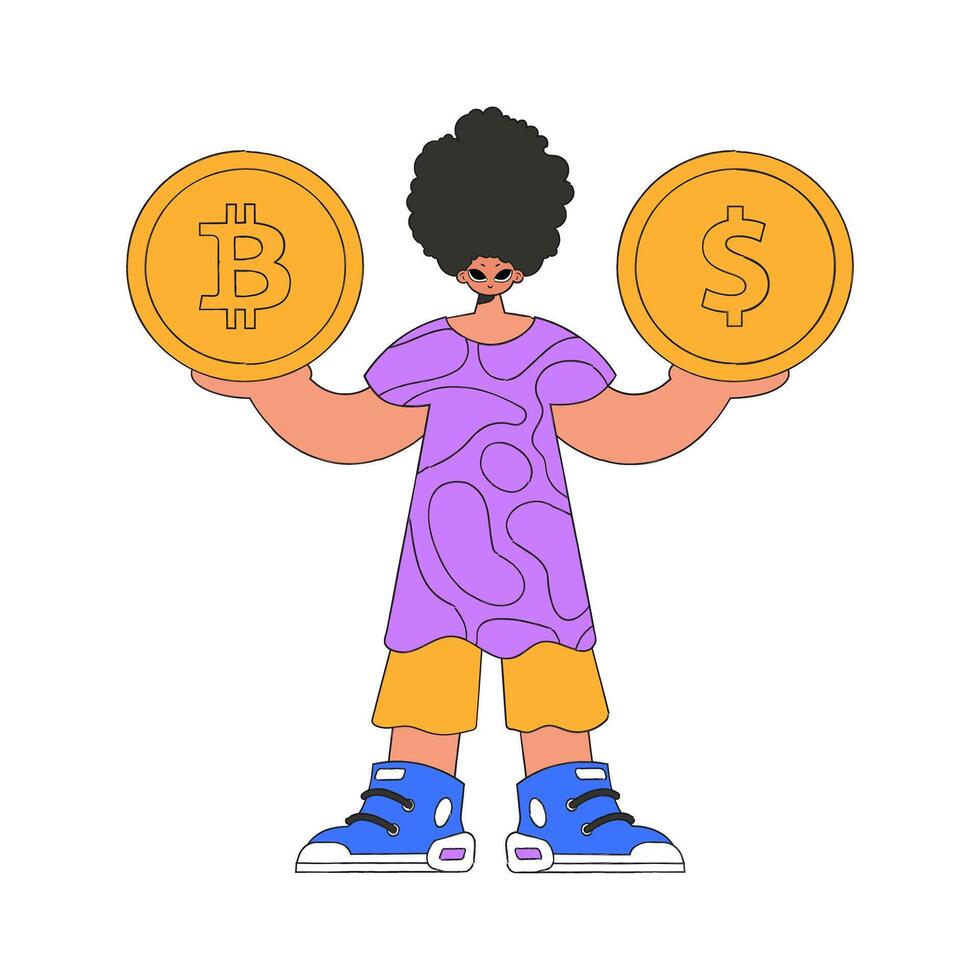 Man holding bitcoin and dollar. Character trendy style. vector