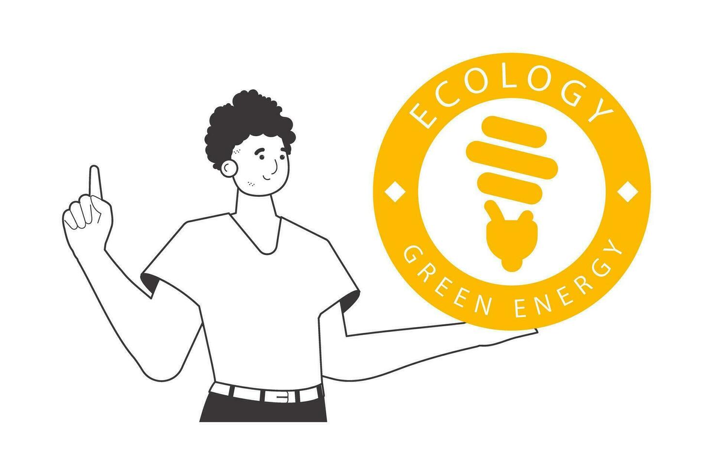 A man holds a green energy logo in his hand. Linear style. Isolated on white background. Vector illustration.