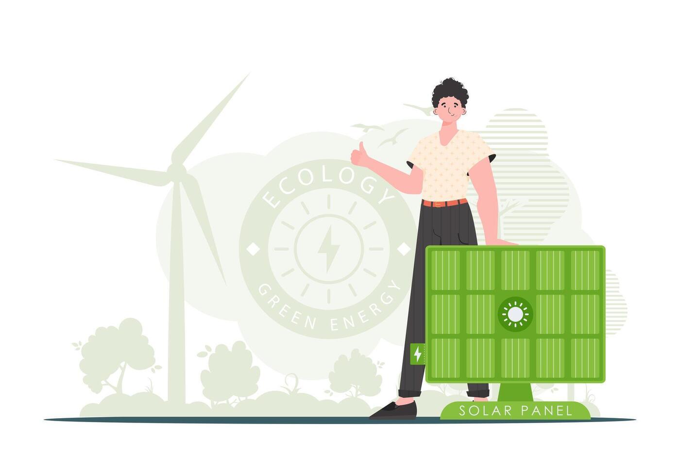 Eco energy concept. The guy is standing near the solar panel. trendy style. illustration. vector
