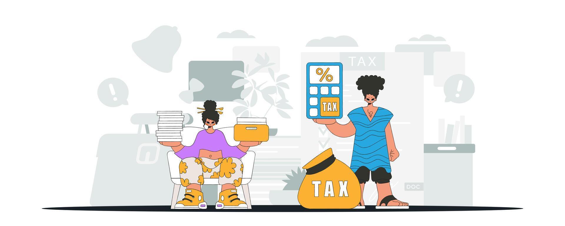 Fashionable guy and girl are engaged in paying taxes. An illustration demonstrating the correct payment of taxes. vector