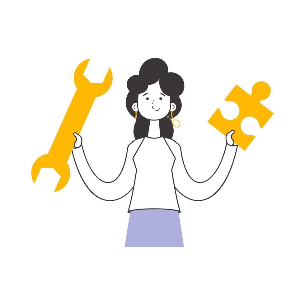 A woman is holding a wrench and a puzzle. Teamwork theme. Linear modern style. Isolated. Vector. vector