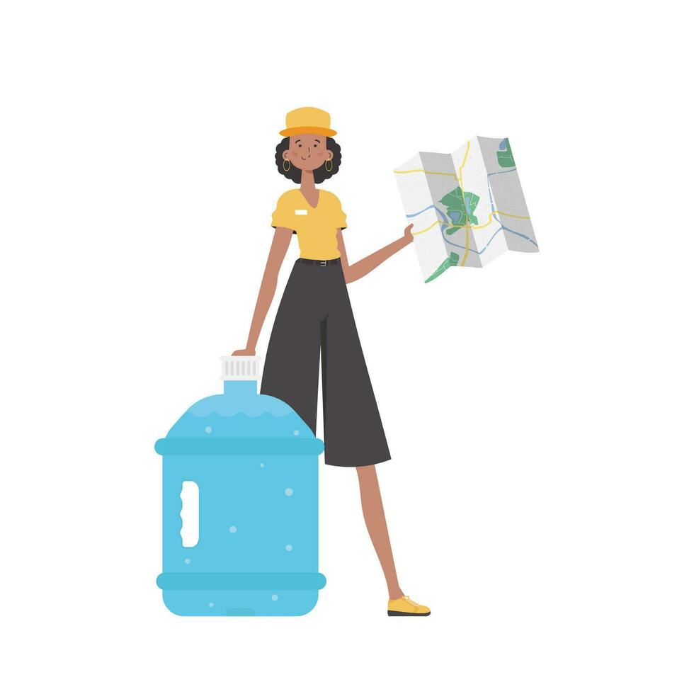 Girl water delivery operator holding a map. Cartoon style character depicted in full growth. Isolated. . vector