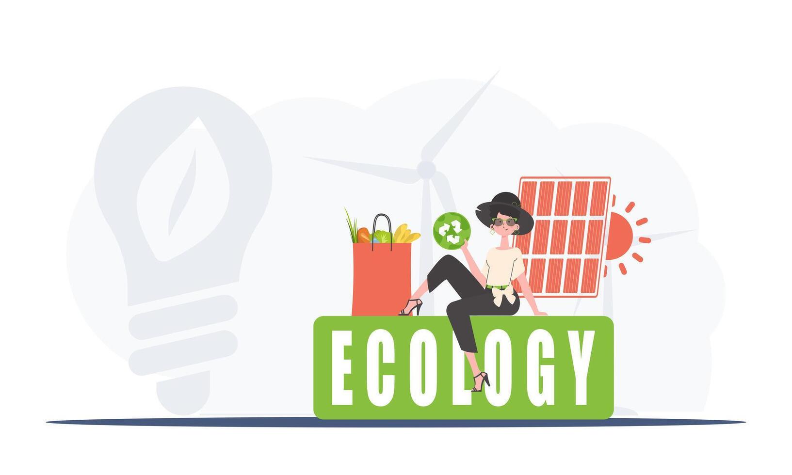 A woman sits next to a package of proper food and holds an EKO icon. The concept of ecology, recycling and green planet. Trend style, vector illustration.