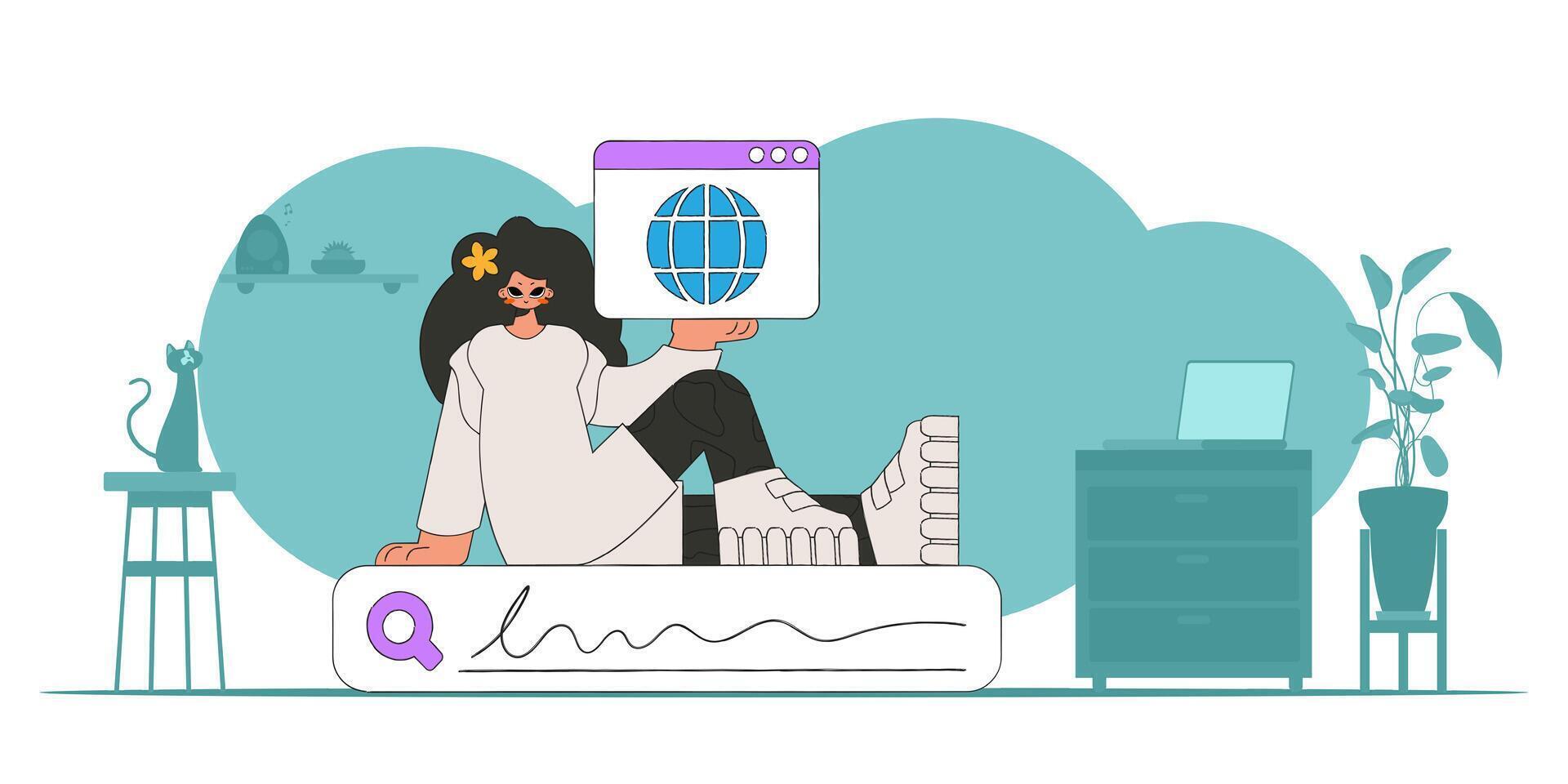 The concept of searching for information. A woman sits on the search bar and holds a browser window in her hands. Linear retro style character. vector