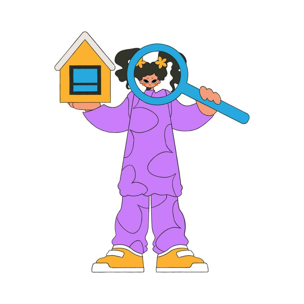 Real estate realtor woman holding house and magnifying glass. House ownership. vector