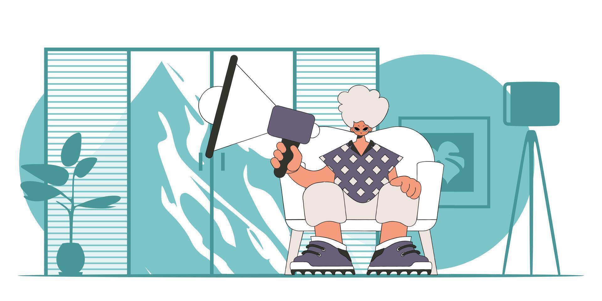 illustration of a human resources specialist. A young man sits in a chair and holds a megaphone. vector