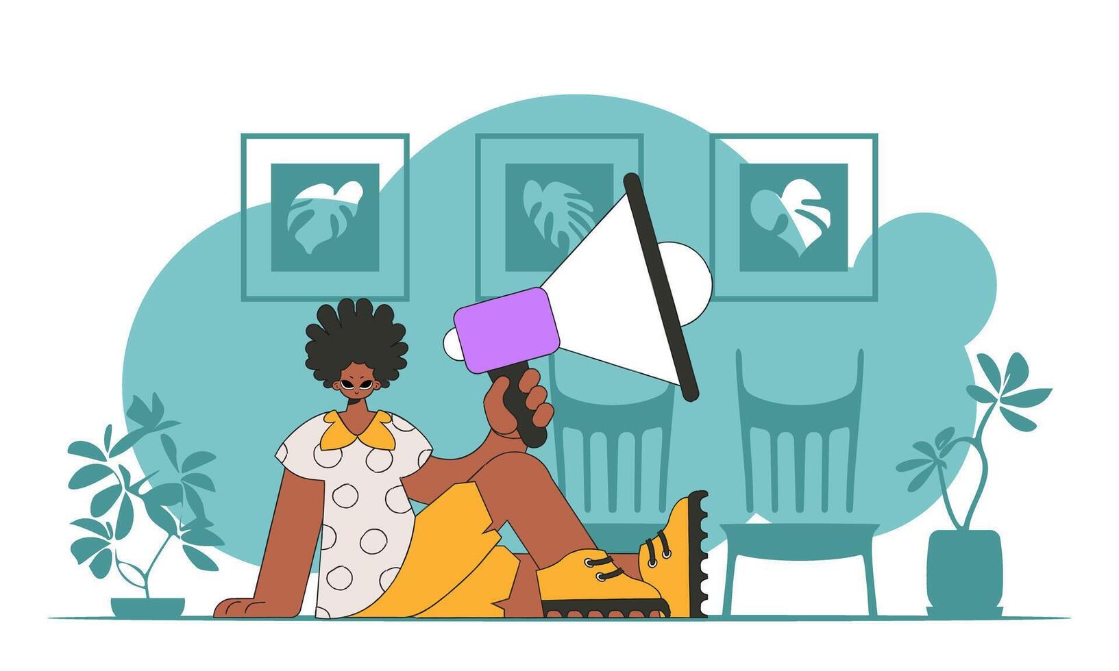 illustration of a human resources specialist. Attractive man is sitting on the floor and holding a megaphone. vector