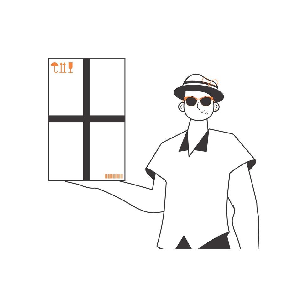 The boy is holding a parcel. Delivery concept. Linear trendy style. Isolated on white background. Vector illustration.