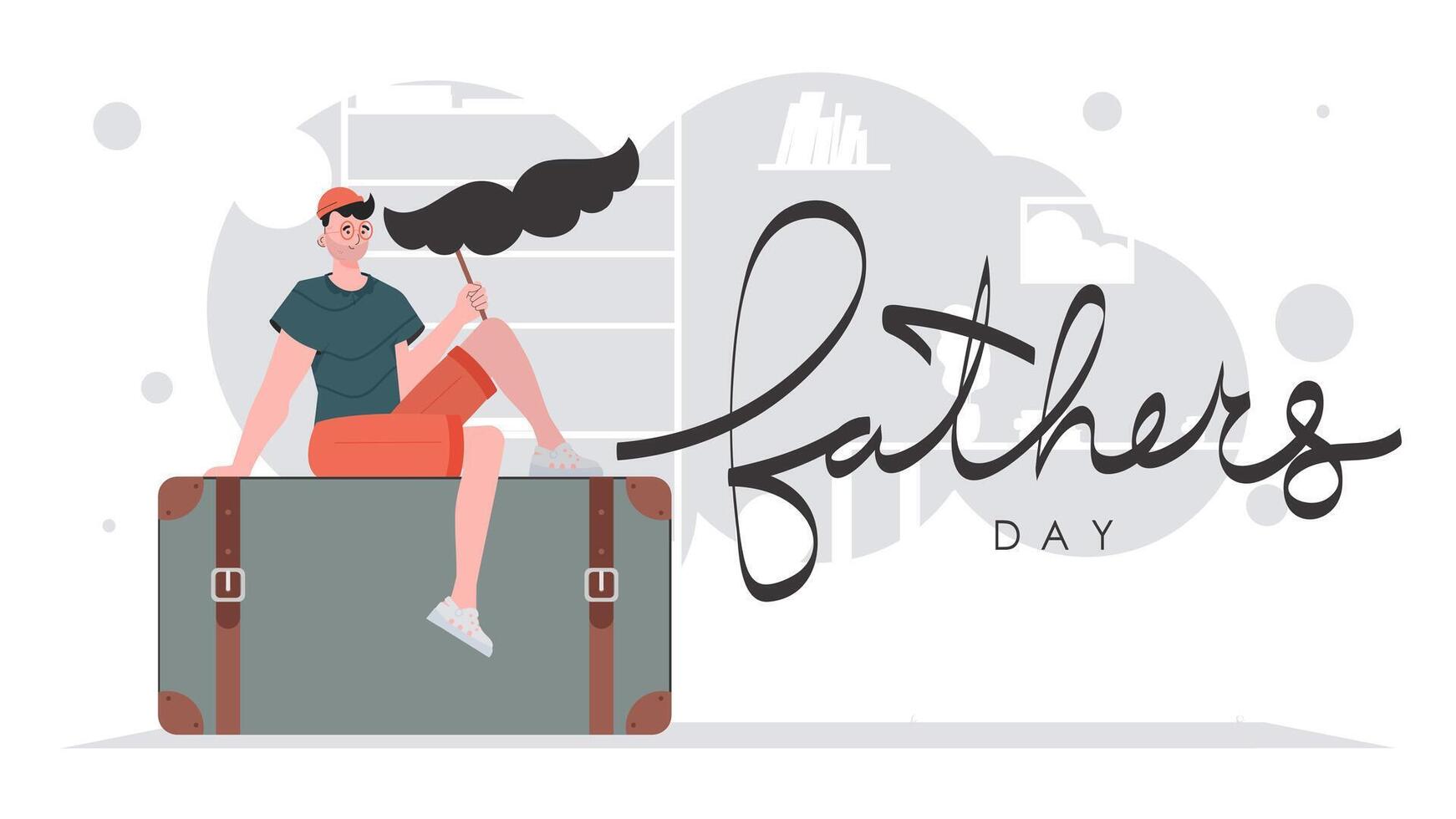 Father's day banner. A man holds a mustache on a stick. Cartoon style. . vector