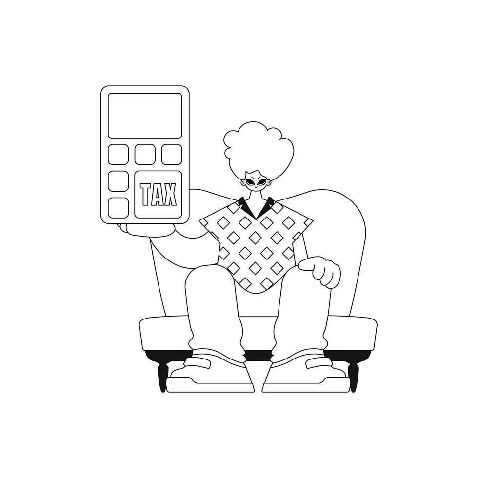 Man holds calculator. Linear. Vector illustration.