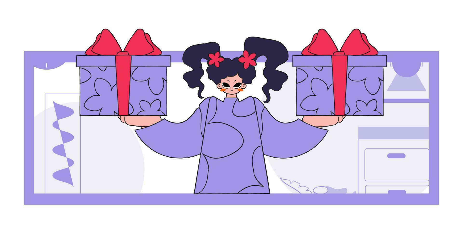 The concept of the holiday and gifts. The woman is holding gifts. Character in the style of the 80s and 90s. vector