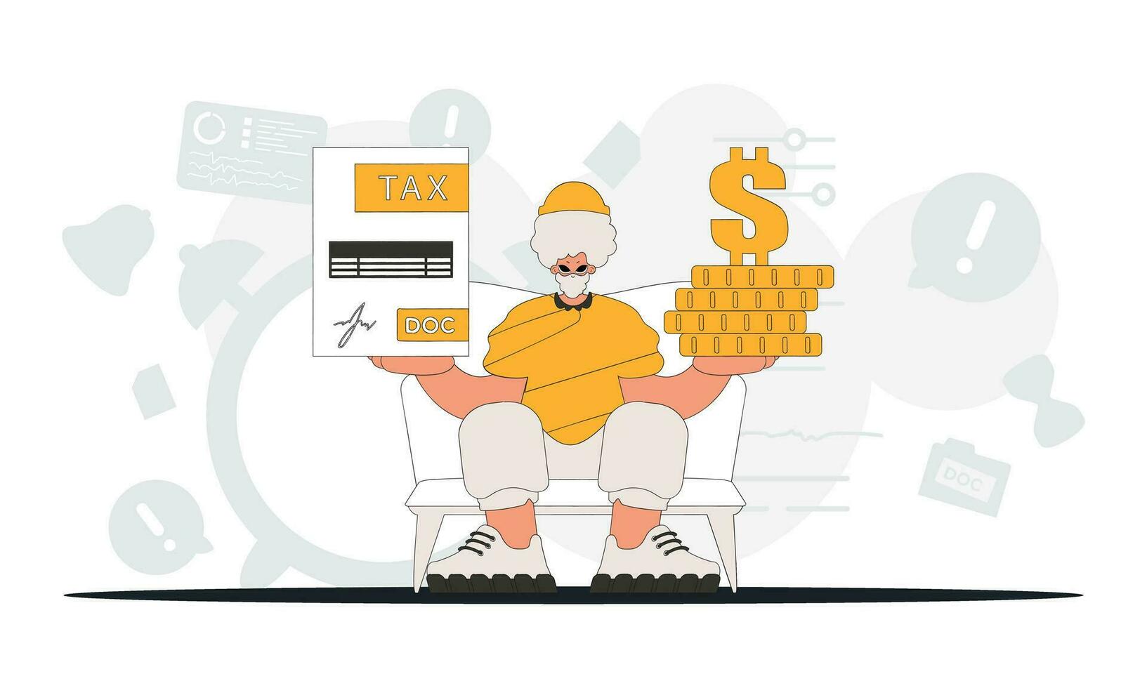 A trendy man is holding a tax form and coins in his hands. An illustration demonstrating the importance of paying taxes for economic development. vector