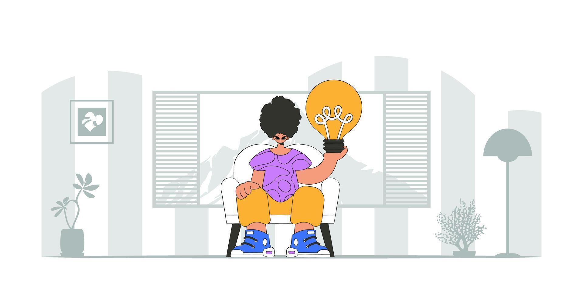 A handsome guy holds a light bulb in his hands. Idea concept. trendy character. vector