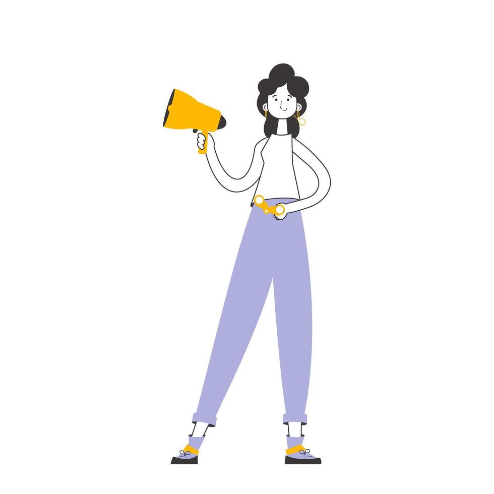 A woman holds a bullhorn and binoculars in her hands. Job Search Theme. H.R. Linear modern style. Isolated. Vector. vector