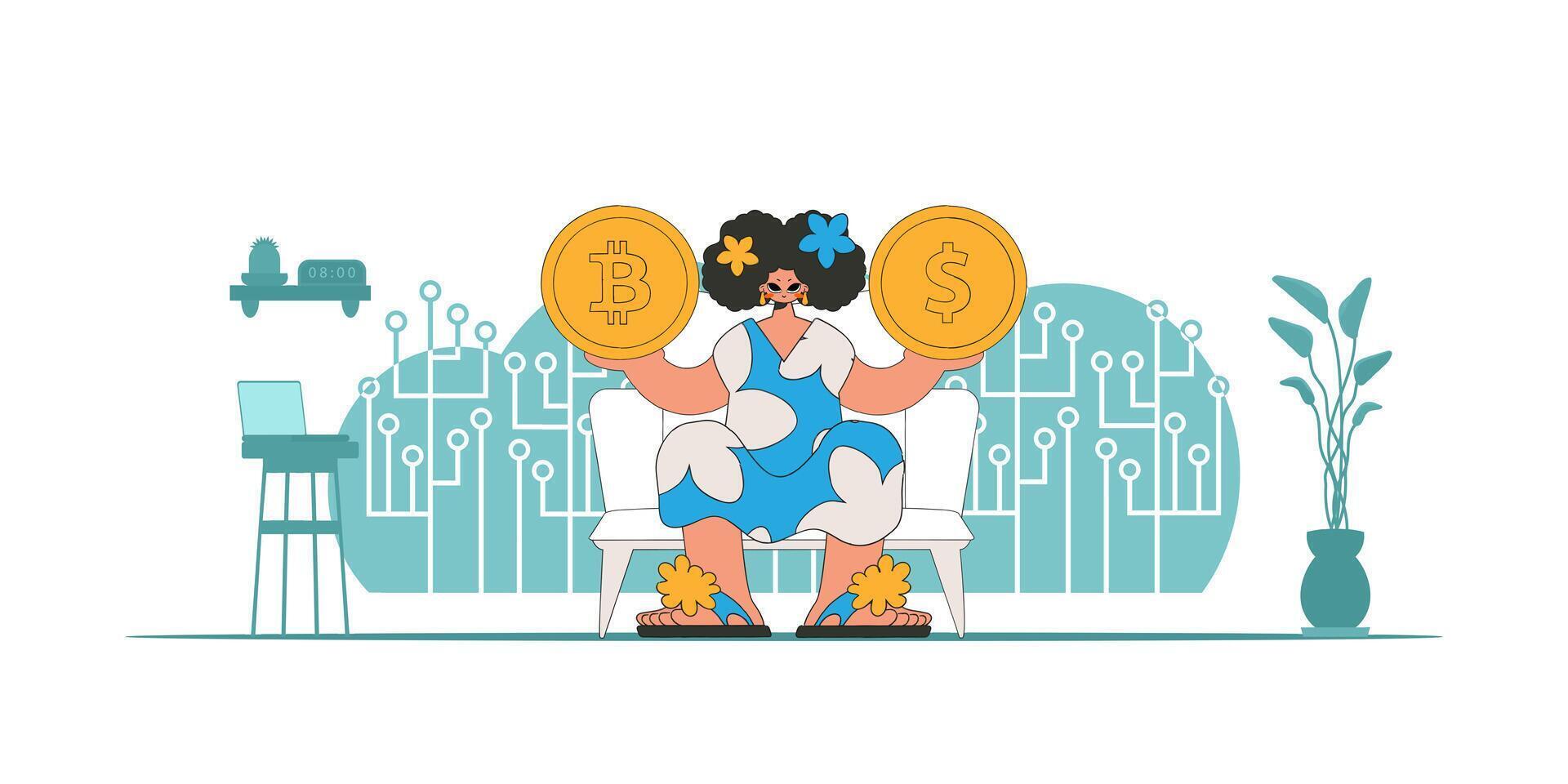 The girl is holding a coin of bitcoin and dollar. Cryptocurrency concept. vector