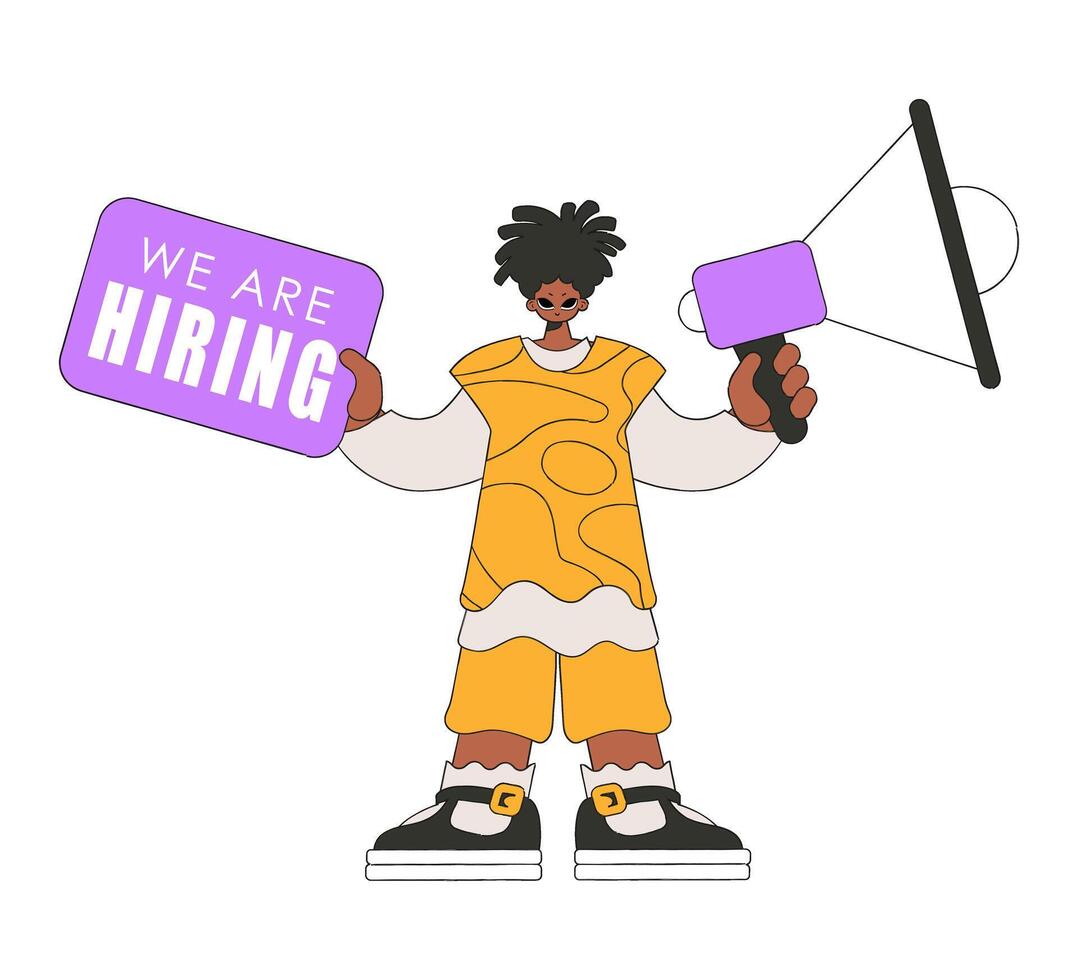 The man is holding a megaphone. Attracting workers. vector