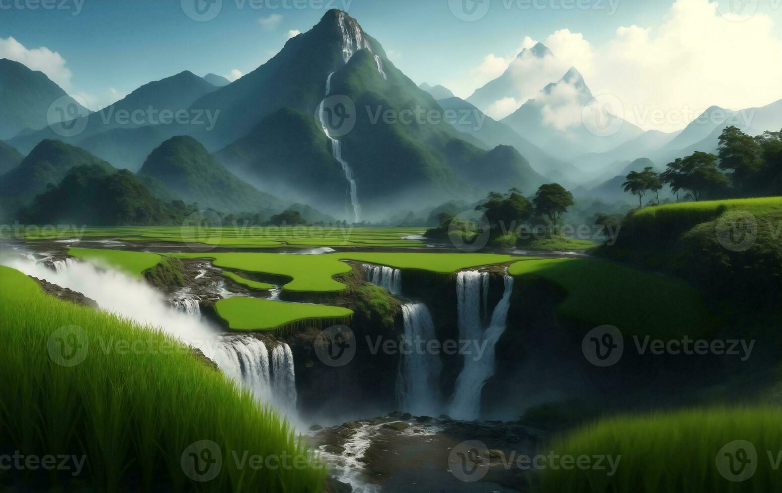 Rice field with mountain and waterfall in Thailand, Generative AI Illustration. photo