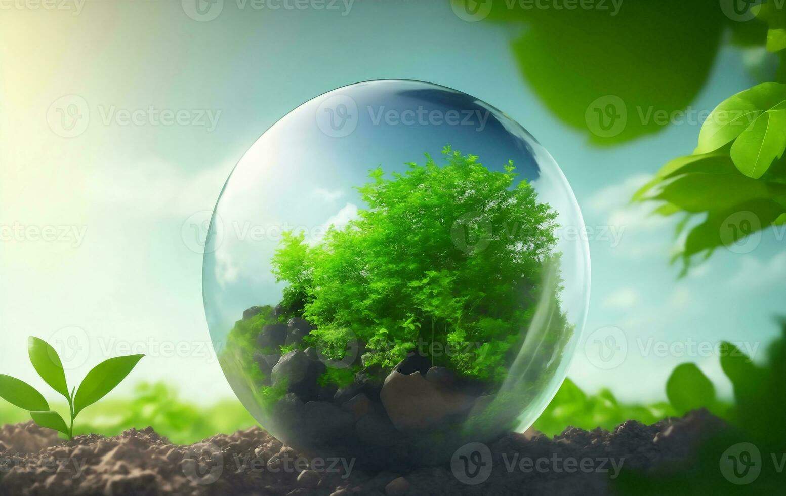 Globe Glass with green little plant, Generative AI Illustration. photo
