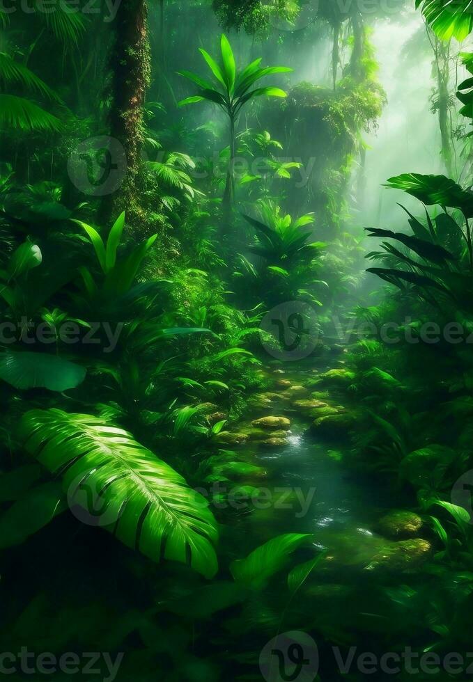 Green beautiful jungle background, Generative AI Illustration. photo
