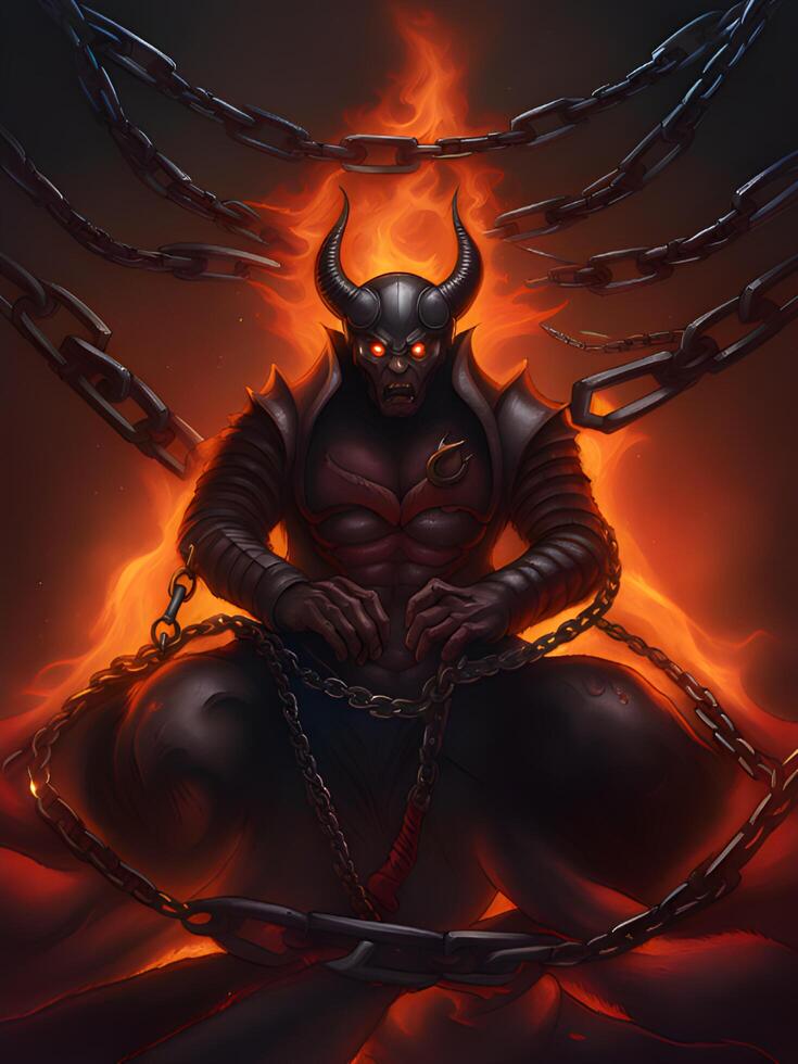ilustración de un de miedo monstruo con un rojo fuego en el antecedentes de el oscuro infierno foto