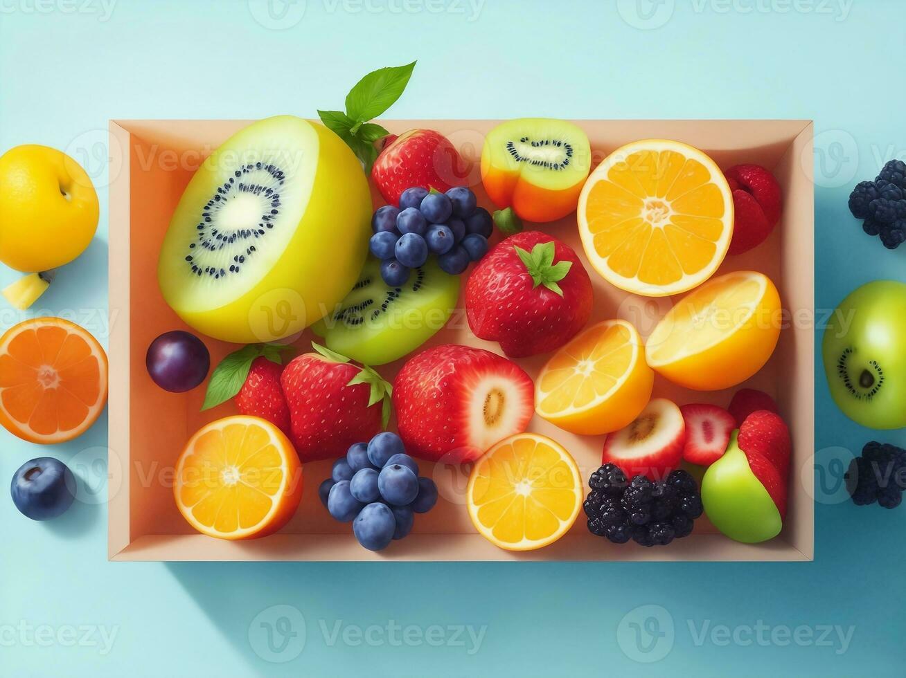 A colorfull fruits in square box, creative composition, Generative AI Illustration. photo
