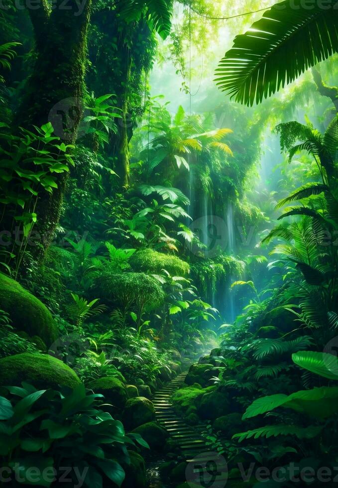 Green beautiful jungle background, Generative AI Illustration. photo