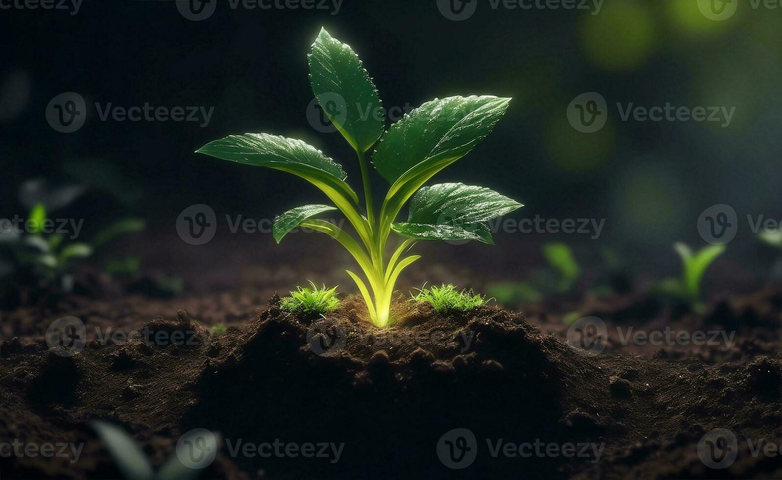 Little green plant growing on a soil, Generative AI Illustration. photo