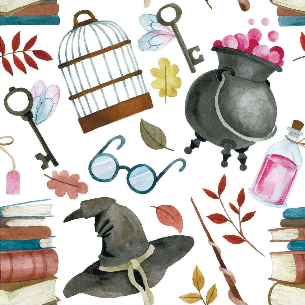 watercolor seamless pattern with magic items. witchcraft, school of wizards. vector