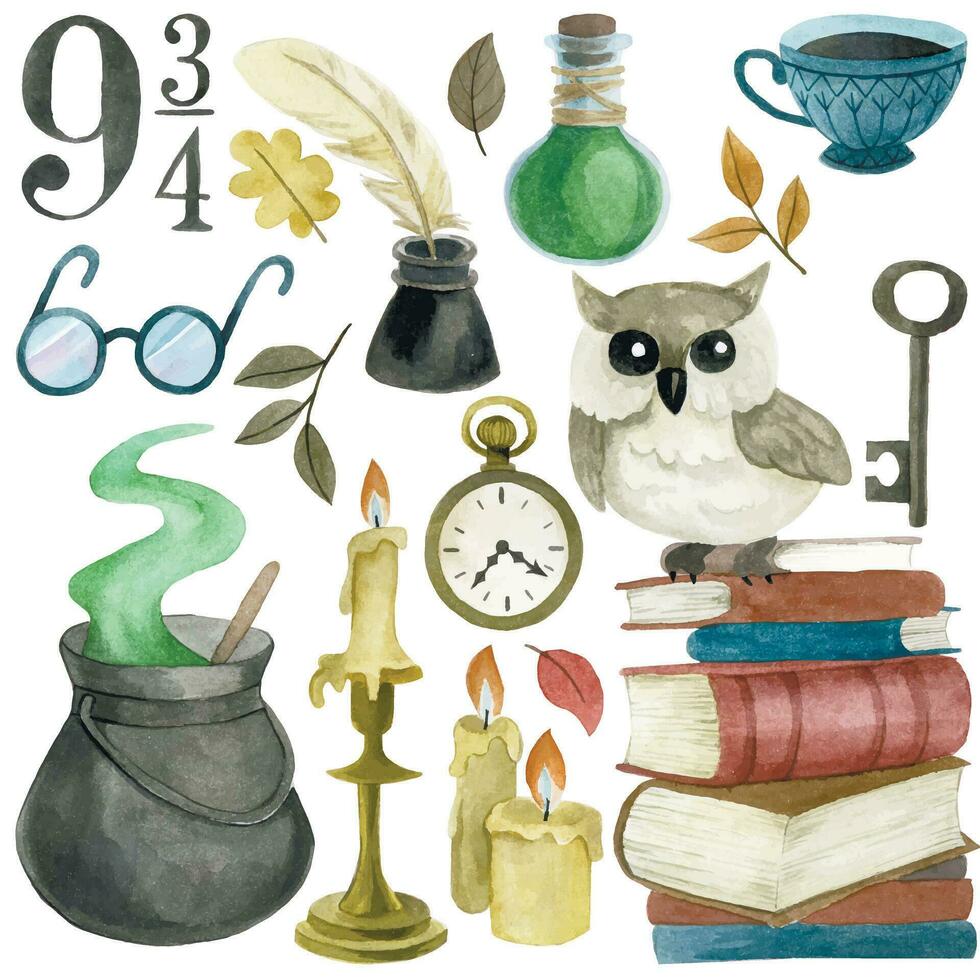 watercolor drawing. a set of magical, witchcraft things. school of witchcraft and magic wizard. cute drawing for kids vector