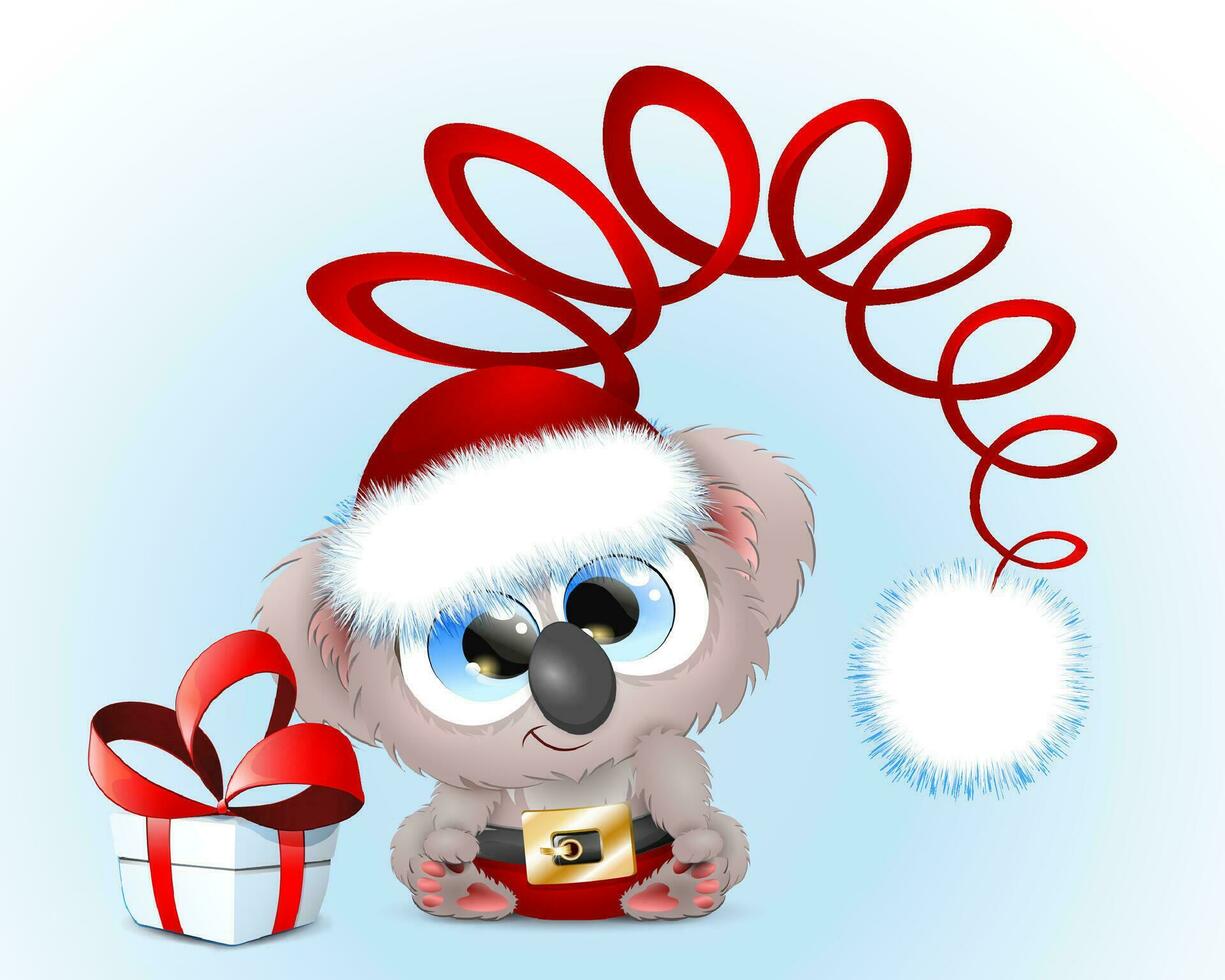 linda mullido gracioso dibujos animados Navidad coala con regalo caja y gracioso Papa Noel sombrero. vector