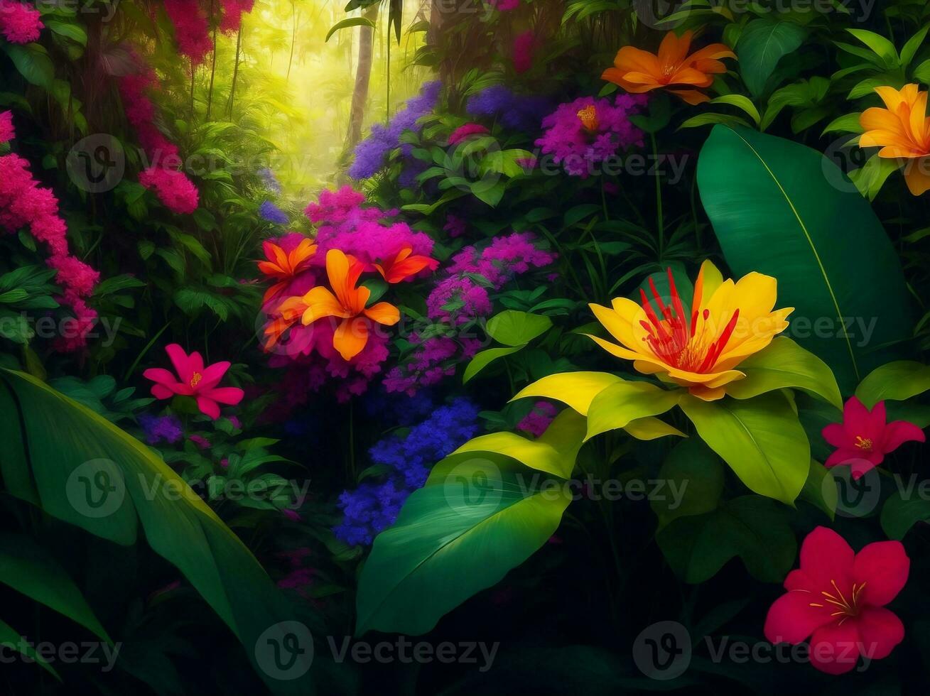 Beautiful tropical flowers in jungle, Generative AI Illustration. photo