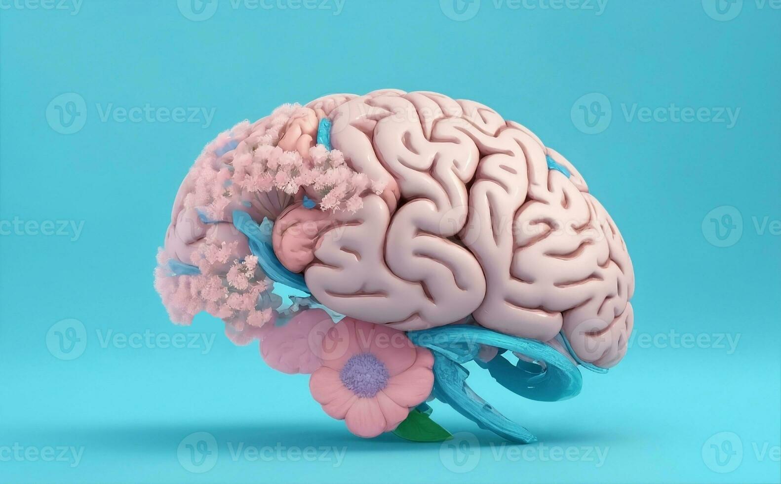 Human brain with blooming flowers, Generative AI Illustration. photo