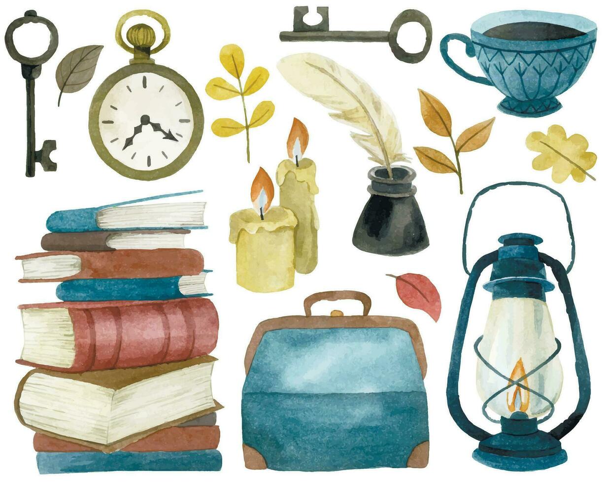 watercolor drawing, set of vintage elements, old items. stack of books, oil lamp, clock vector